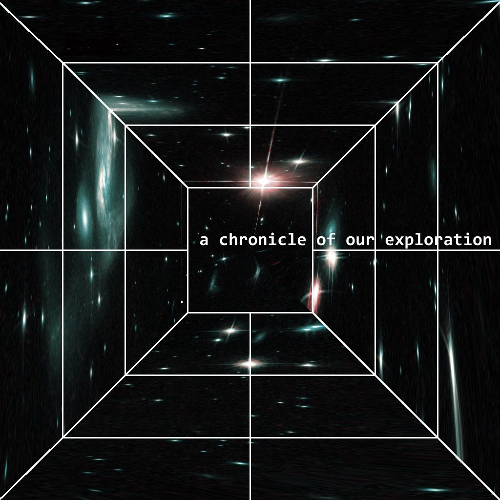 An image of stars and galaxies with lines indicating symmetries and depth into the frame.